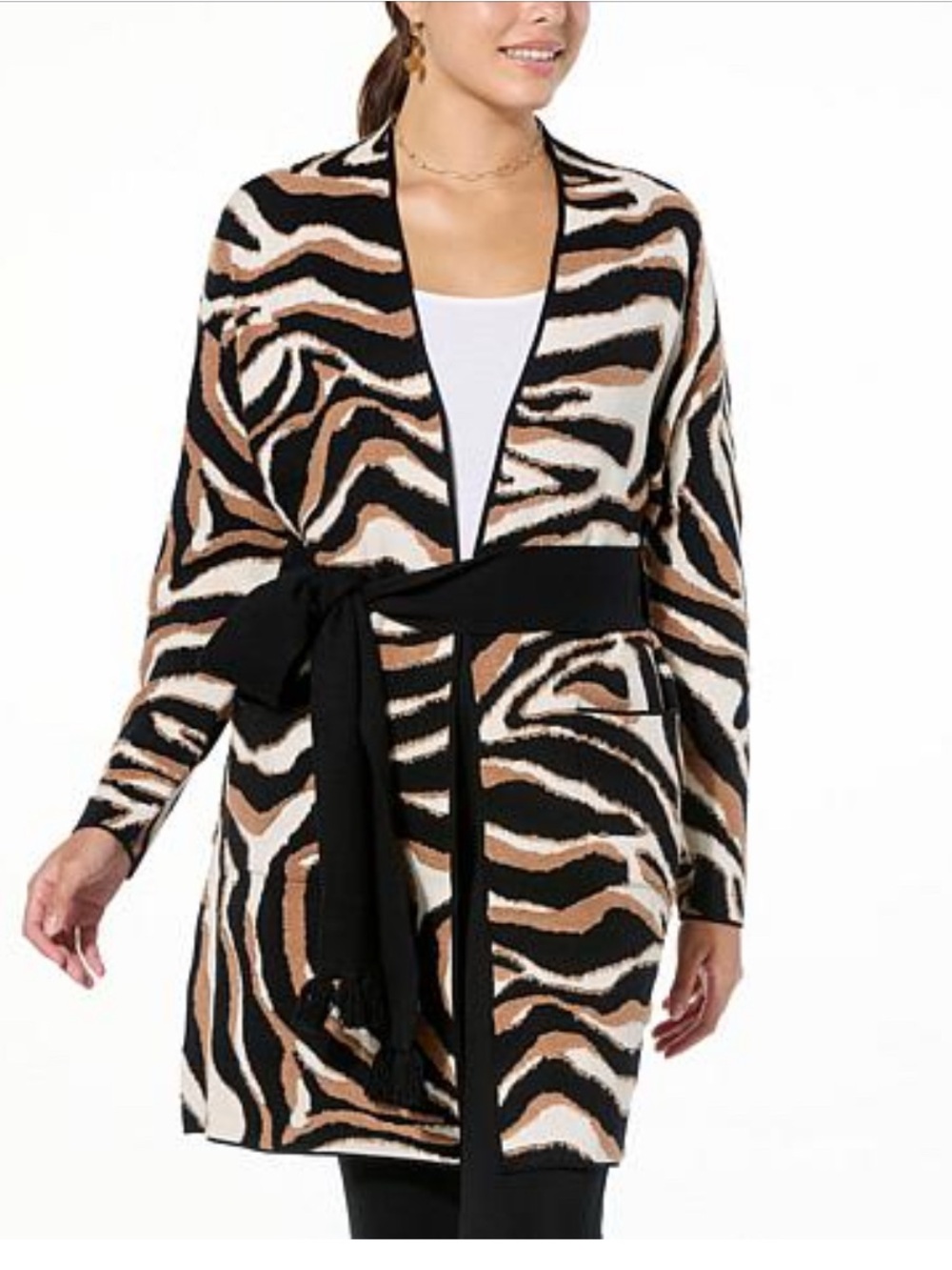 LB70 by Lloyd Boston Zebra Print Belted Cardigan Sweater - Black, White & Tan XL